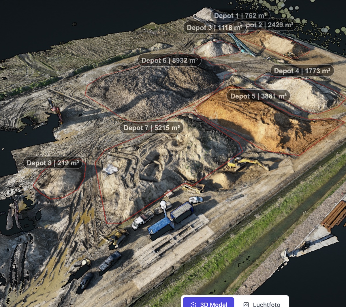 3D-model en volumeberekening in het AiroMap-dashboard